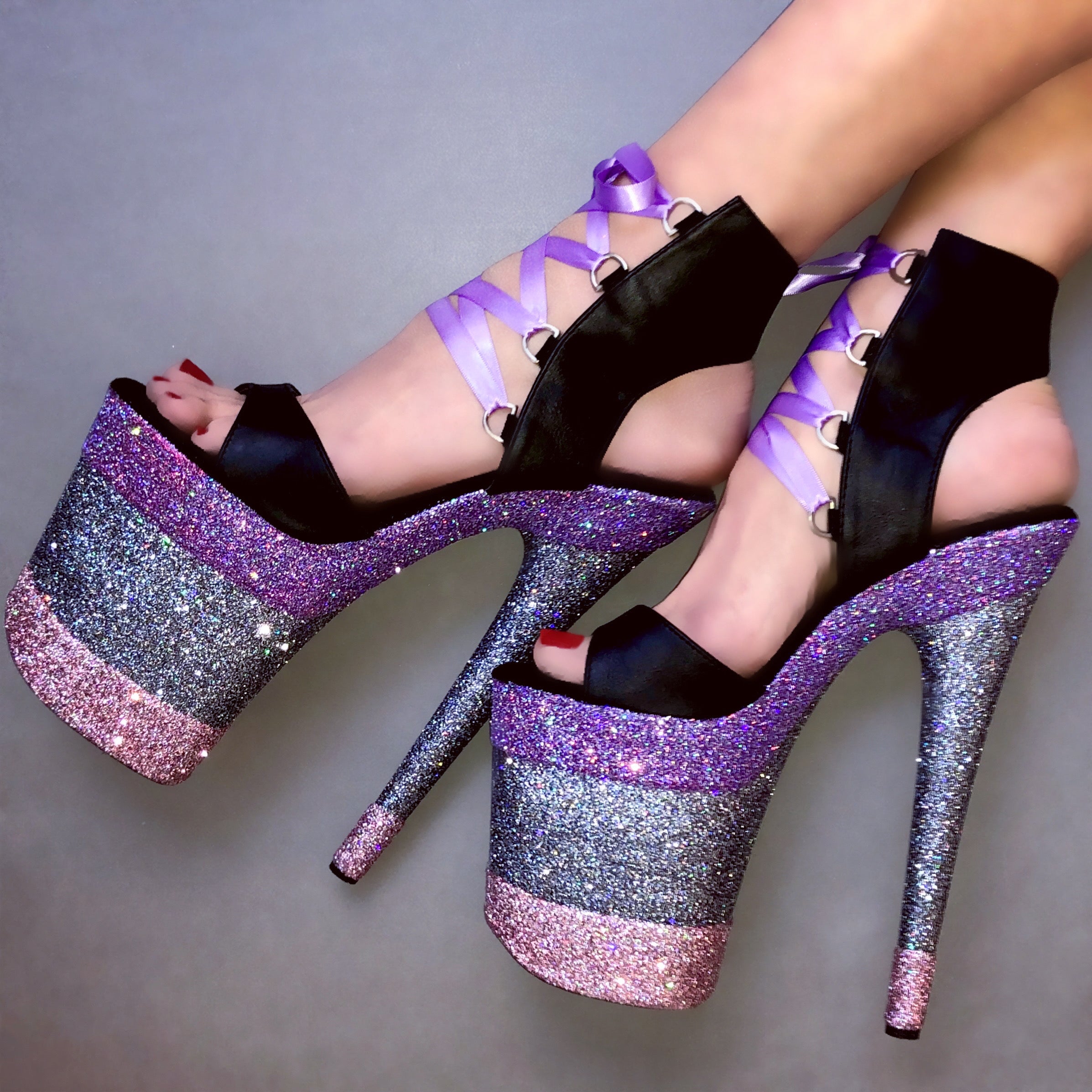 8" Linearis Iris-Gunmetal-Baby Pink Matte Black Lace Up VEGAN Glitter Heels