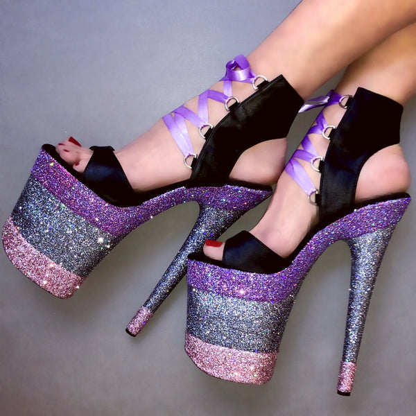 8" Linearis Iris-Gunmetal-Baby Pink Matte Black Lace Up VEGAN Glitter Heels