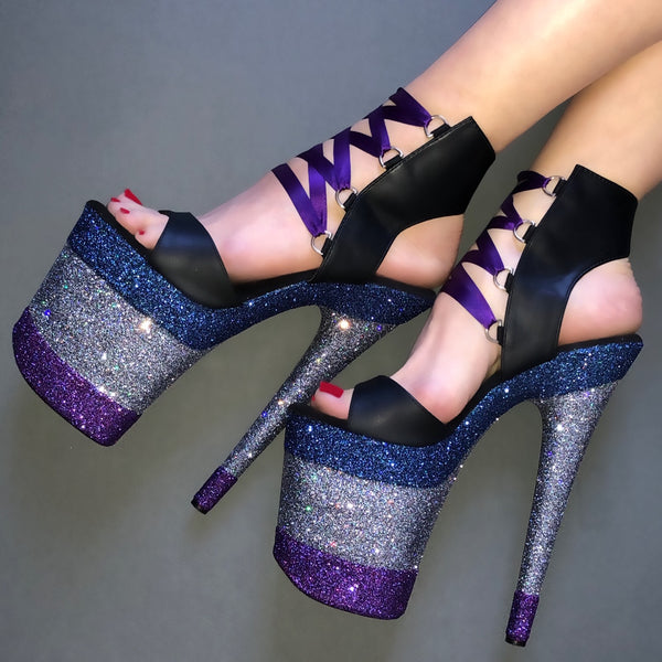 8" Linearis Navy- Gunmetal- Amethyst with Plum Satin Lacing Matte Black Lace Up VEGAN Glitter Heels