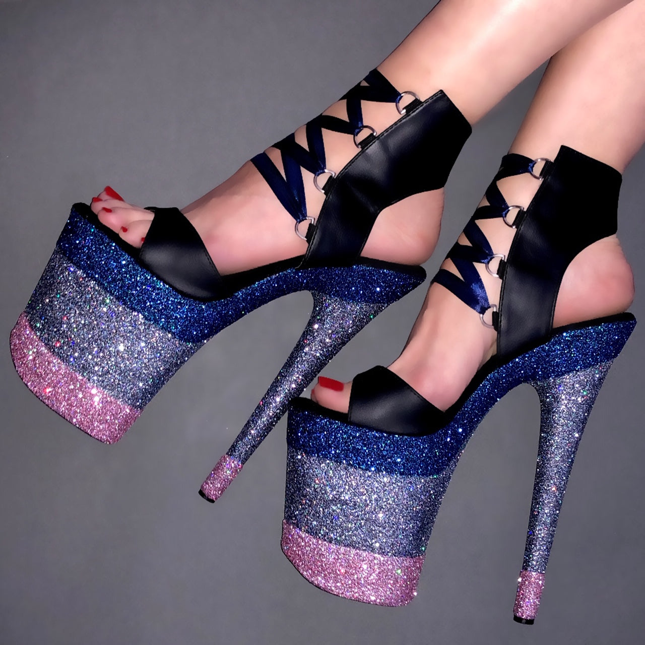 8" Linearis Navy- Gunmetal- Pink with Navy Satin Lacing Matte Black Lace Up VEGAN Glitter Heels