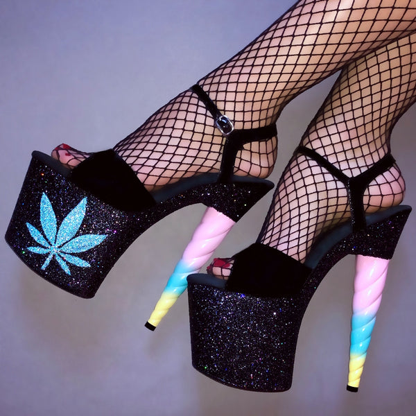 7.5" Midnight 420 Baby Blue Unicorn Soul Glitter Heels -Limited Edition