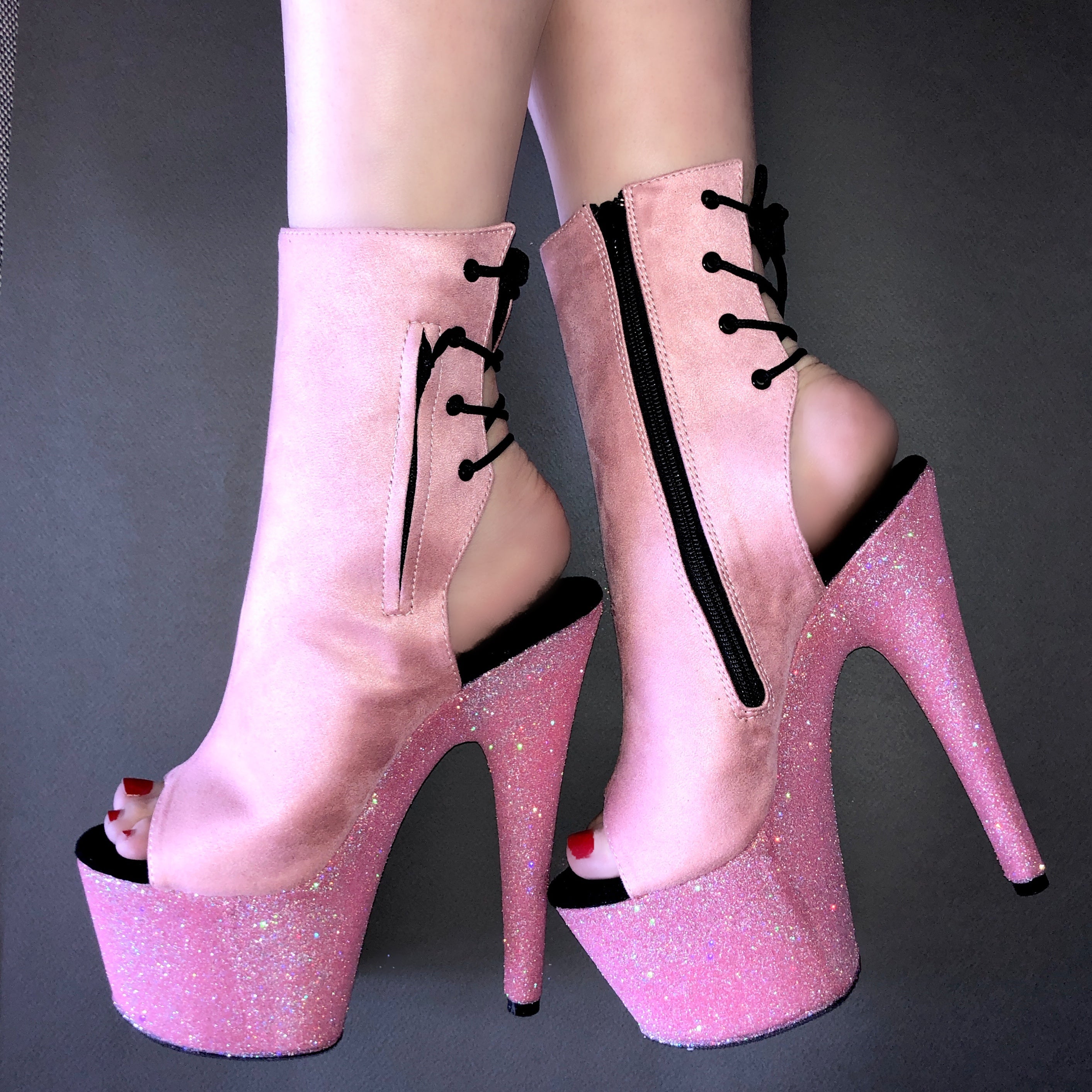 7" Bubblegum Pink Suede VEGAN Ankle Boot Glitter Heels