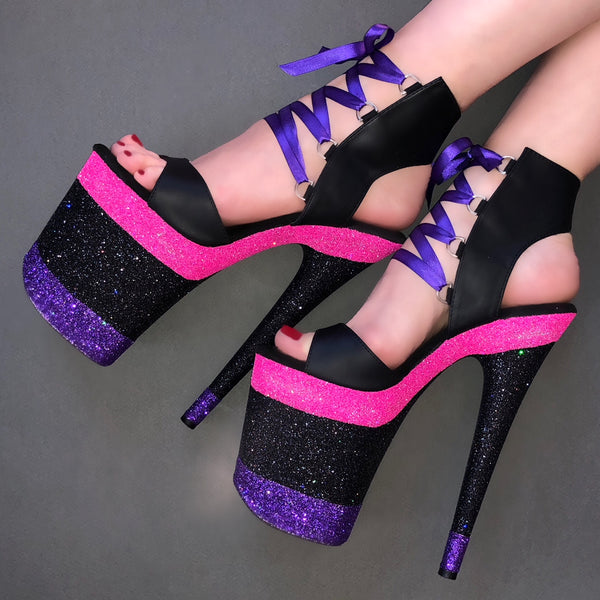 8" Linearis Neon Pink- Purple with Purple Satin Lacing Black Matte Lace Up VEGAN Glitter Heels