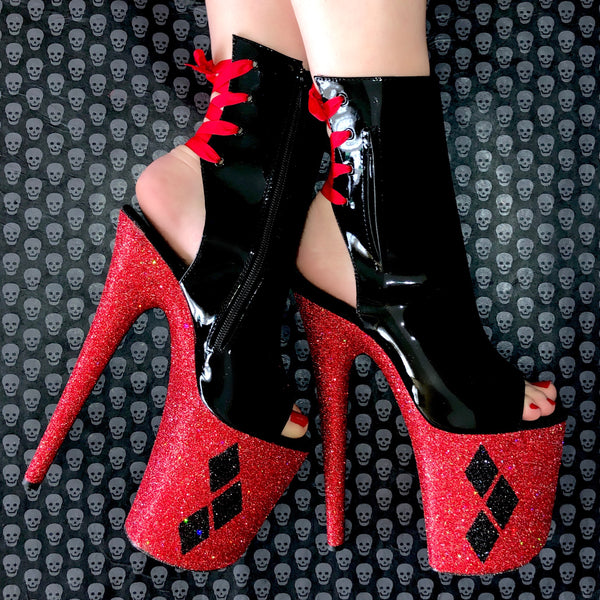 8" Harley Quinn Classique Open Heel Ankle Boot Glitter Heels
