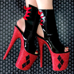 8" Harley Quinn Classique Open Heel Ankle Boot Glitter Heels