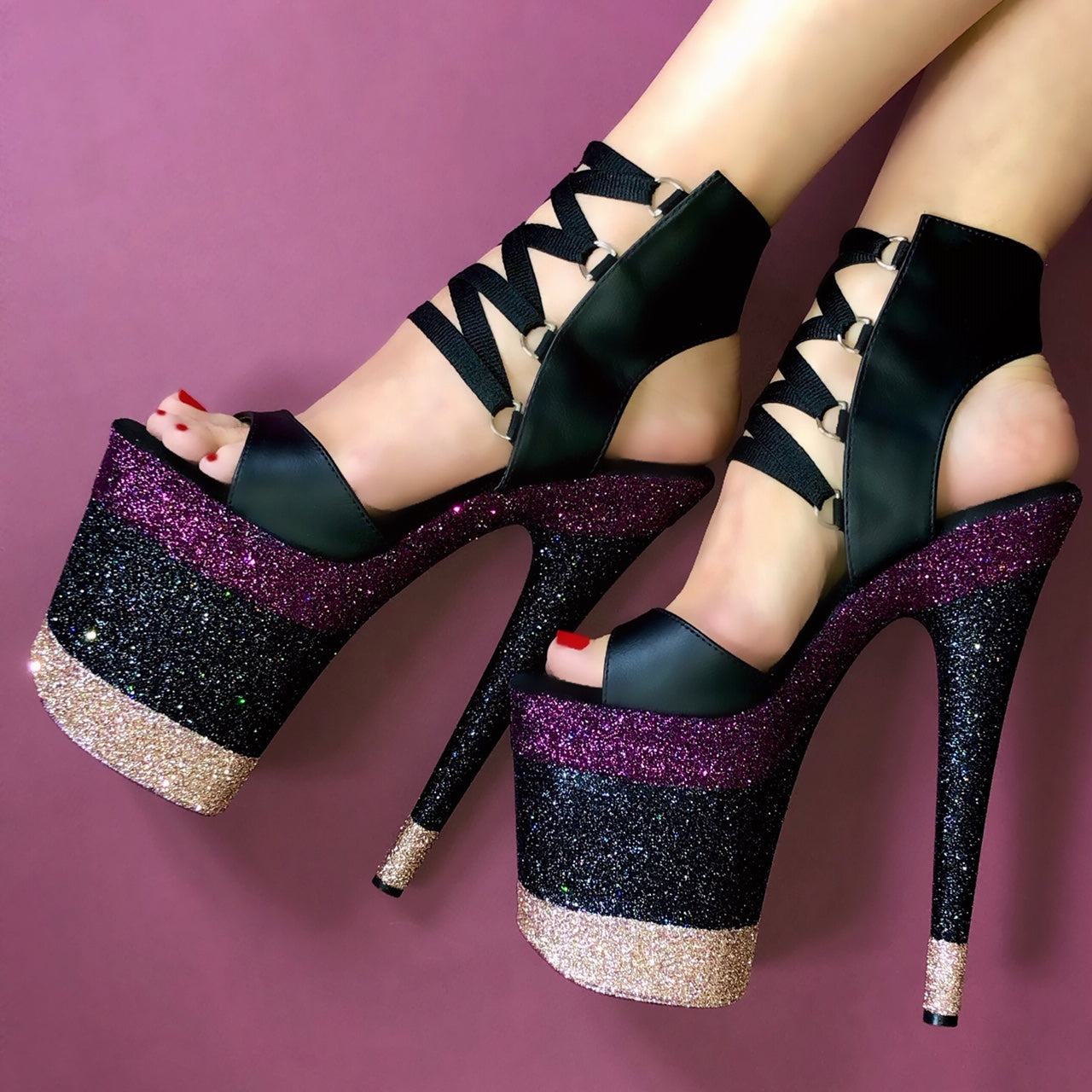 8" Linearis Bordeaux-Rose Gold Black Matte Lace Up VEGAN Glitter Heels