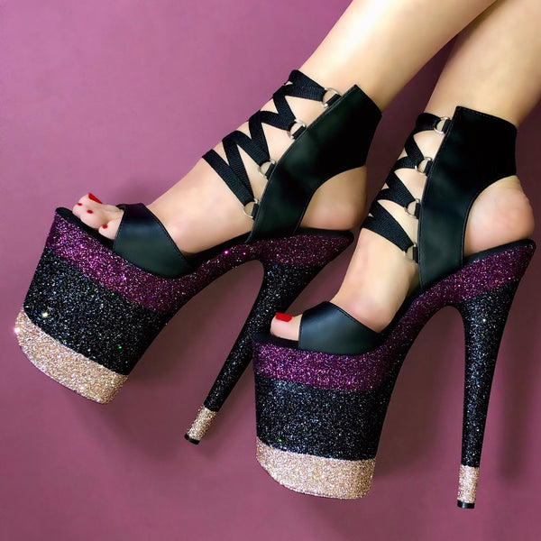 8" Linearis Bordeaux-Rose Gold Black Matte Lace Up VEGAN Glitter Heels