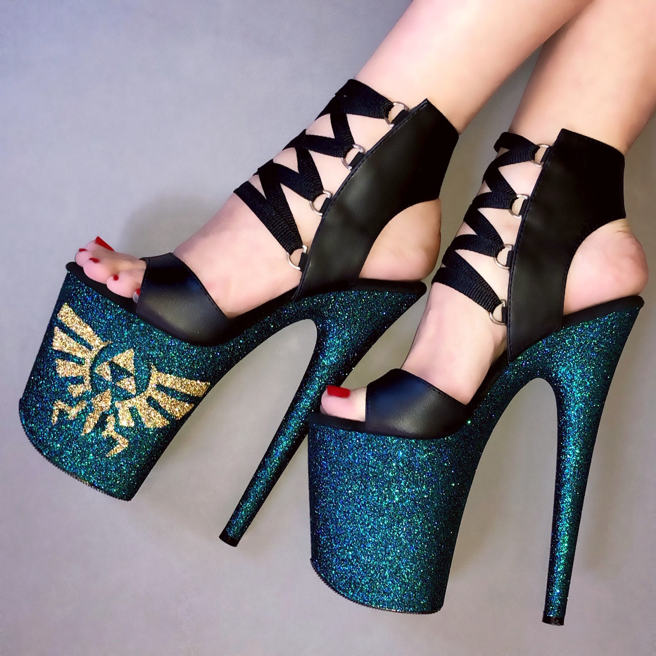 8" Poison Zelda Matte Black Lace Up VEGAN Glitter Heels