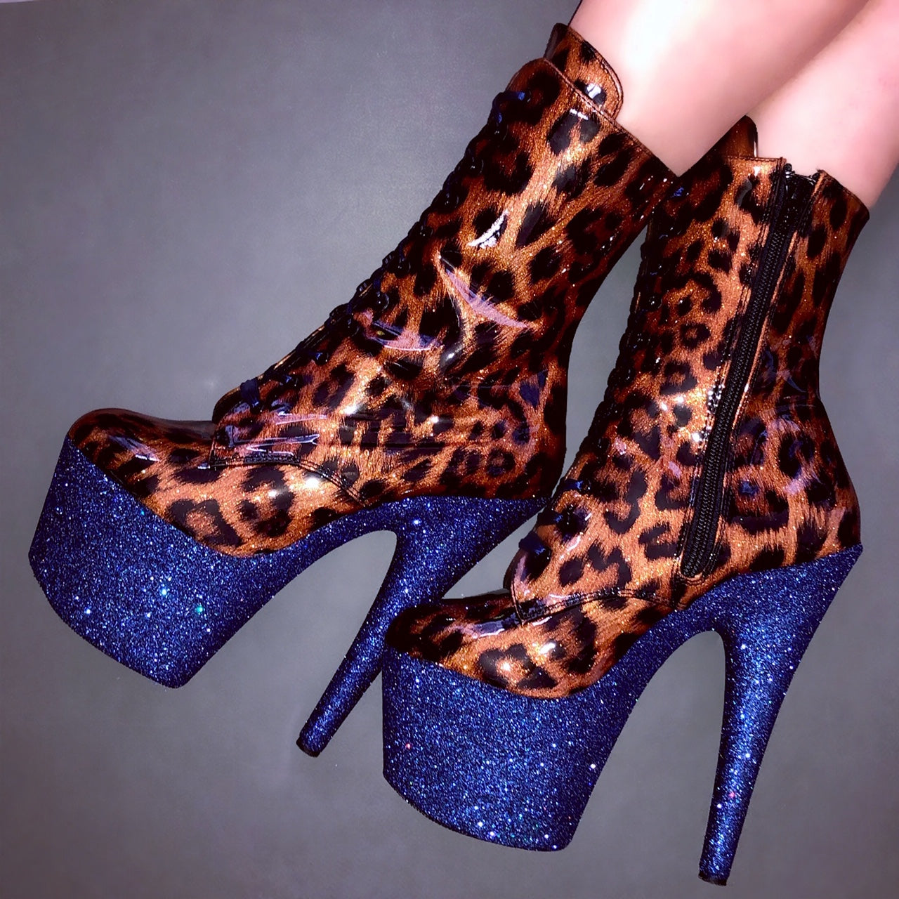 7" Sailor Shimmer Patent Leopard with Navy Satin Lacing VEGAN Ankle Boot Glitter Heels