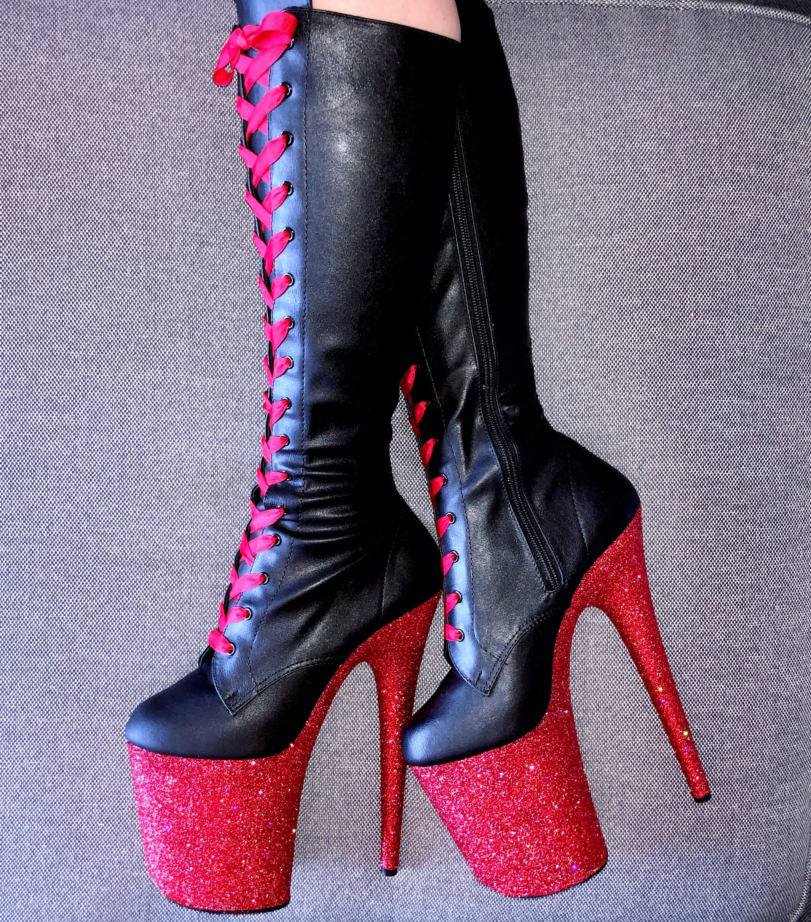 8" Fire Engine w/Red Satin Lacing KneeHigh Matte Black VEGAN Glitter Heels