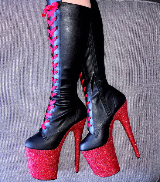 8" Fire Engine w/Red Satin Lacing KneeHigh Matte Black VEGAN Glitter Heels