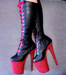 8" Fire Engine w/Red Satin Lacing KneeHigh Matte Black VEGAN Glitter Heels