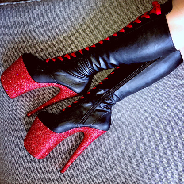 8" Fire Engine w/Red Satin Lacing KneeHigh Matte Black VEGAN Glitter Heels
