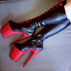 8" Fire Engine w/Red Satin Lacing KneeHigh Matte Black VEGAN Glitter Heels
