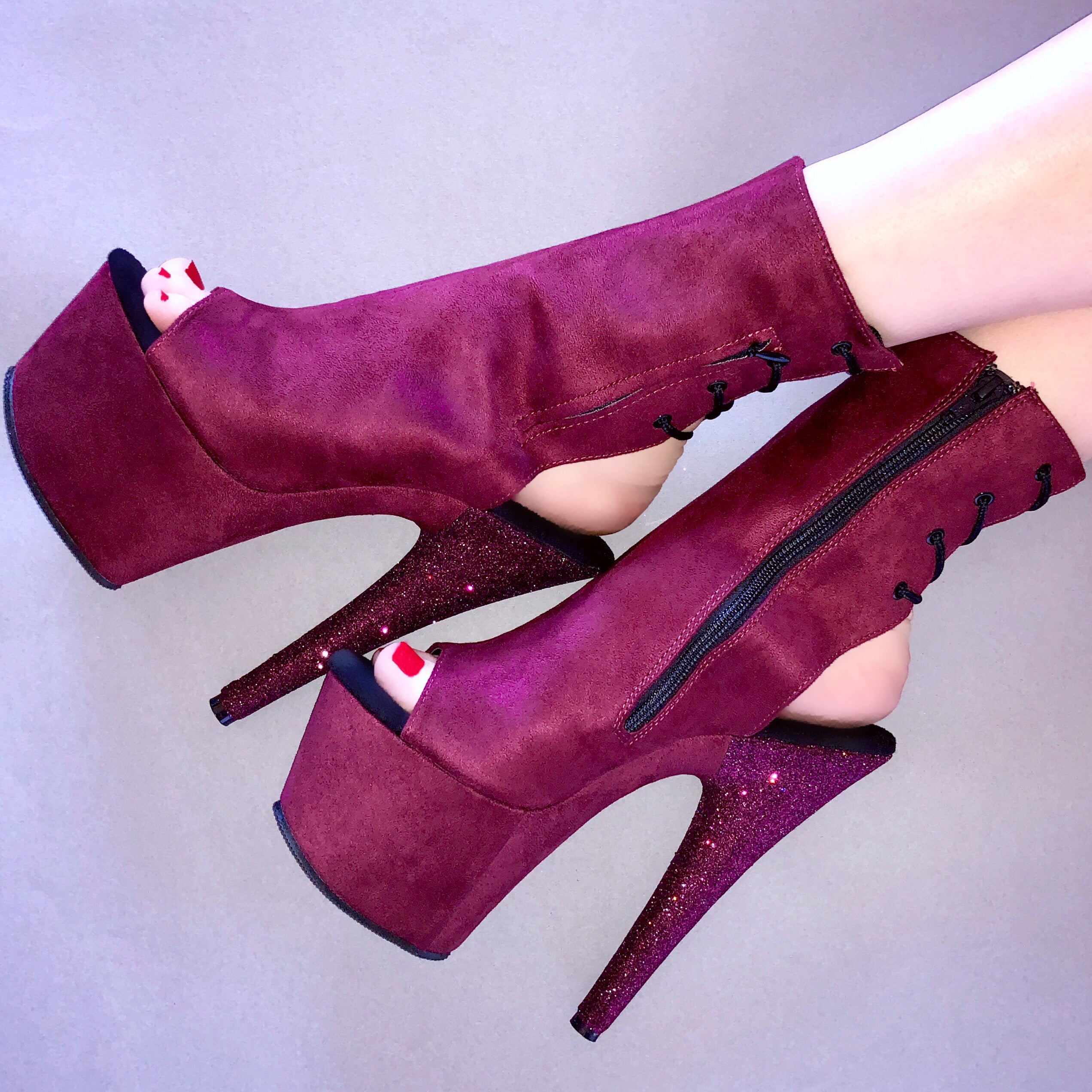 7" Burgundy Suede with Pinot Heel Ankle Boot Glitter Heels X Pleaser