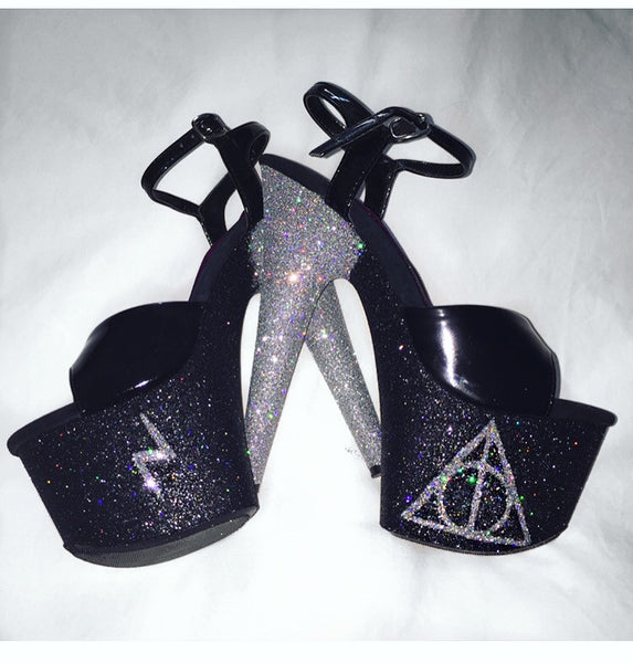 7" Harry Potter Black/Silver with Vegan Black Straps Glitter Heels