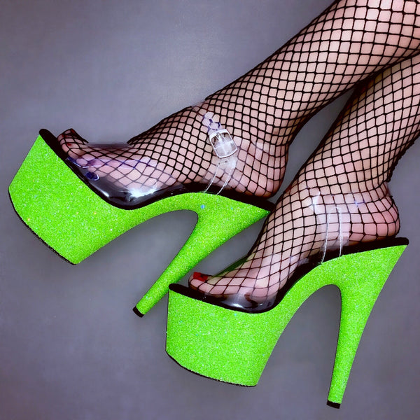 7" Neon Green Vegan Glitter Heels