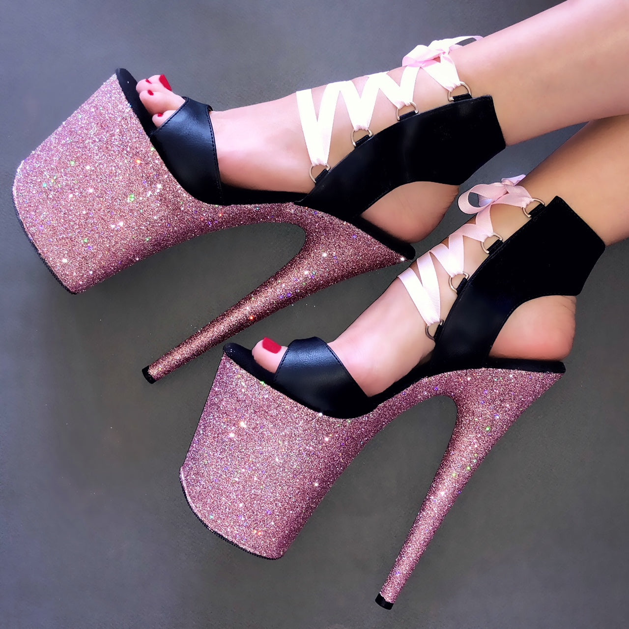8" Baby Pink with Blush Laces Black Matte Lace Up VEGAN Glitter Heels