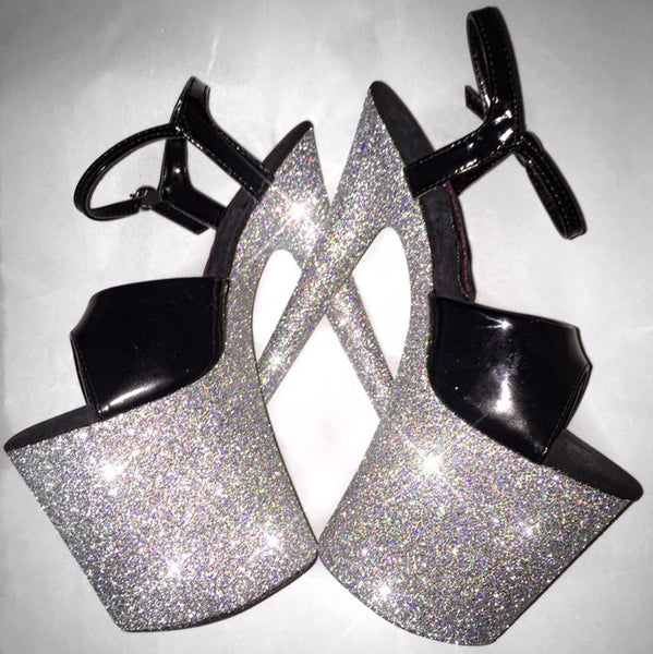 8" Holographic Silver with Black Straps Vegan Glitter Heels