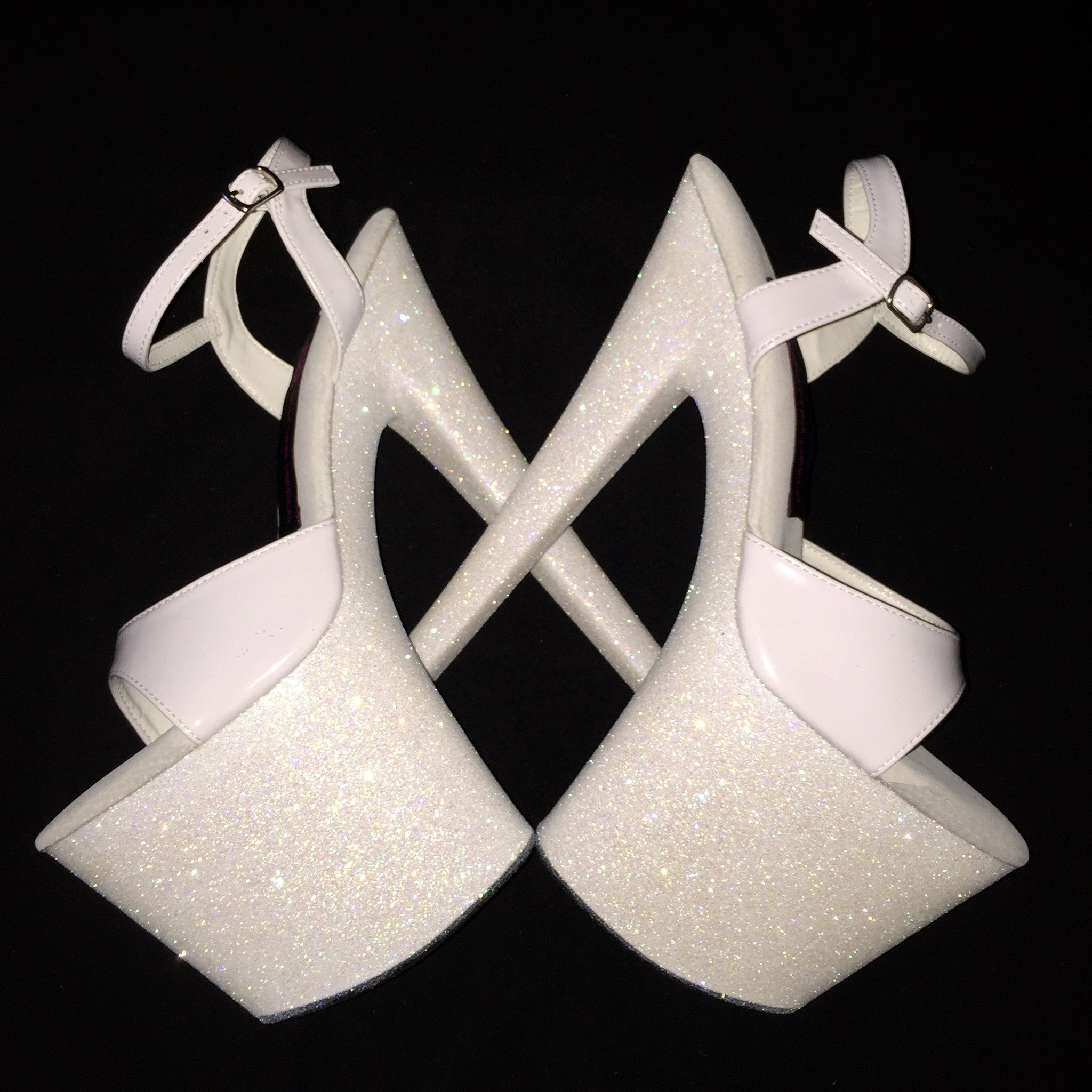 8" Snow with White Straps VEGAN Glitter Heels