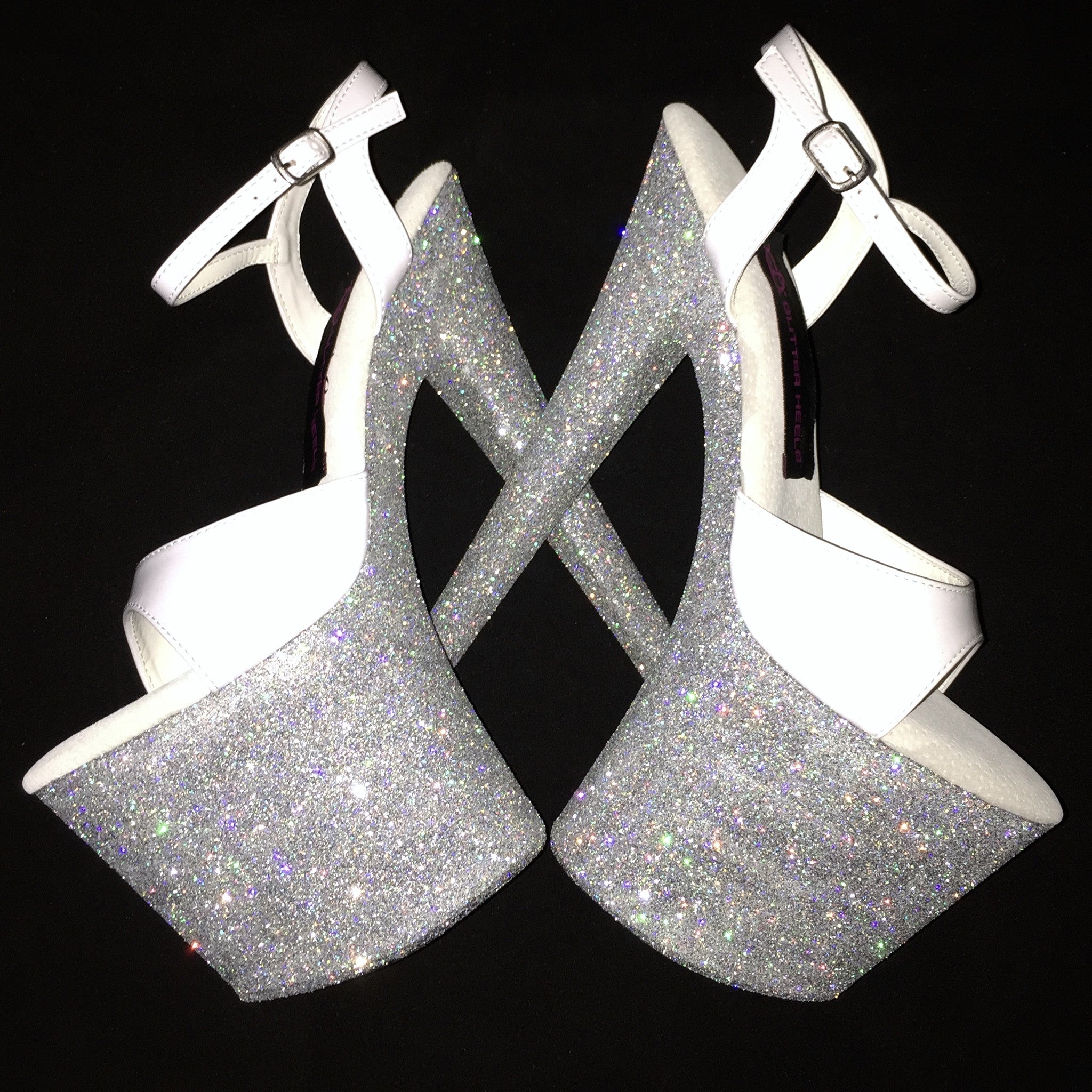 8" Holographic Silver with White Straps Vegan Glitter Heels
