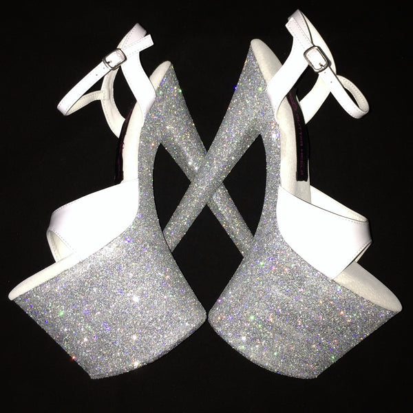8" Holographic Silver with White Straps Vegan Glitter Heels