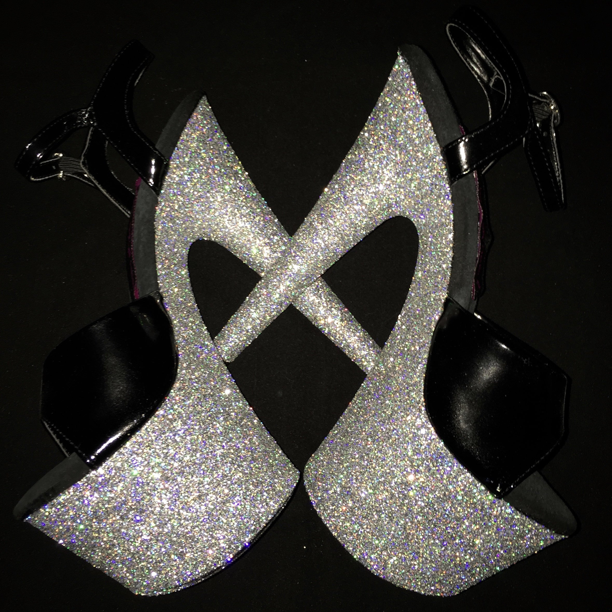 7" Silver with Black Straps Vegan Glitter Heels