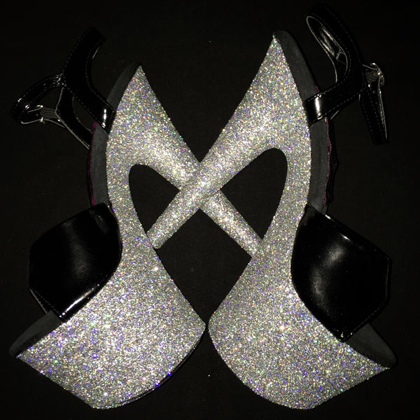 7" Silver with Black Straps Vegan Glitter Heels