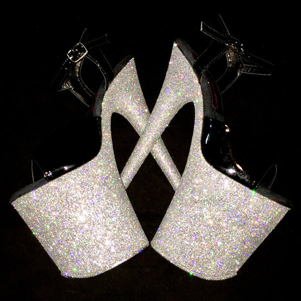 8" Holographic Silver with Black Straps Vegan Glitter Heels