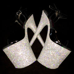 8" Holographic Silver with Black Straps Vegan Glitter Heels