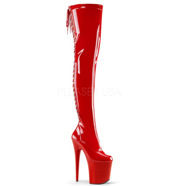 8" Red VEGAN Thigh High Boot with Back Lacing Glitter Heels
