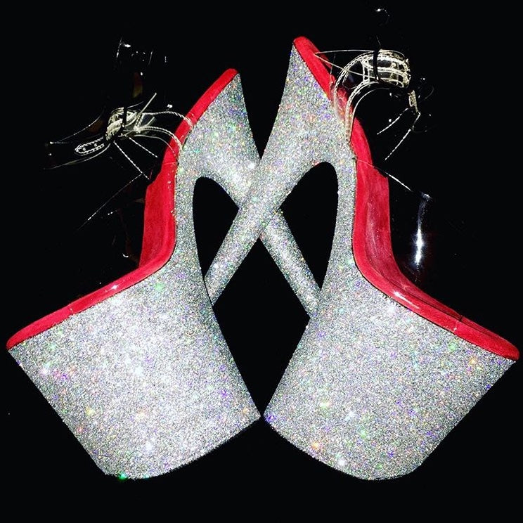 8" Silver with Red Footbed Vegan Glitter Heels