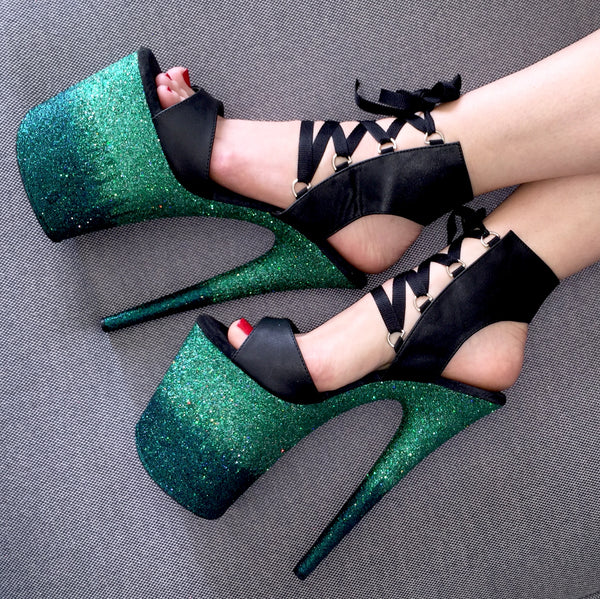 8" Emerald-Poison Ombre Matte Black Lace Up VEGAN Glitter Heels