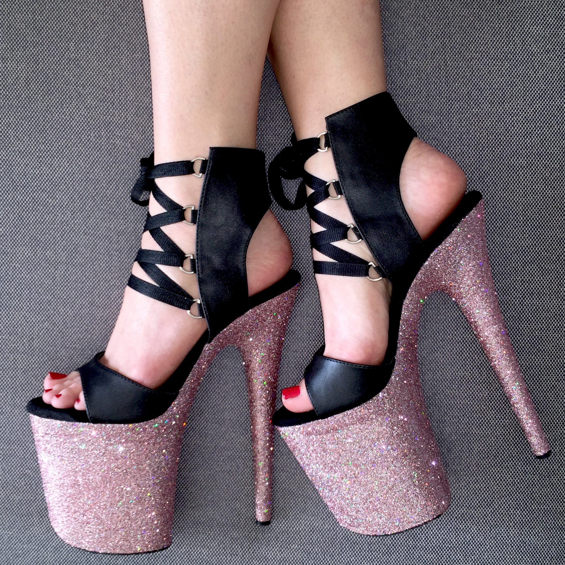8" Baby Pink Matte Black Lace Up VEGAN Glitter Heels