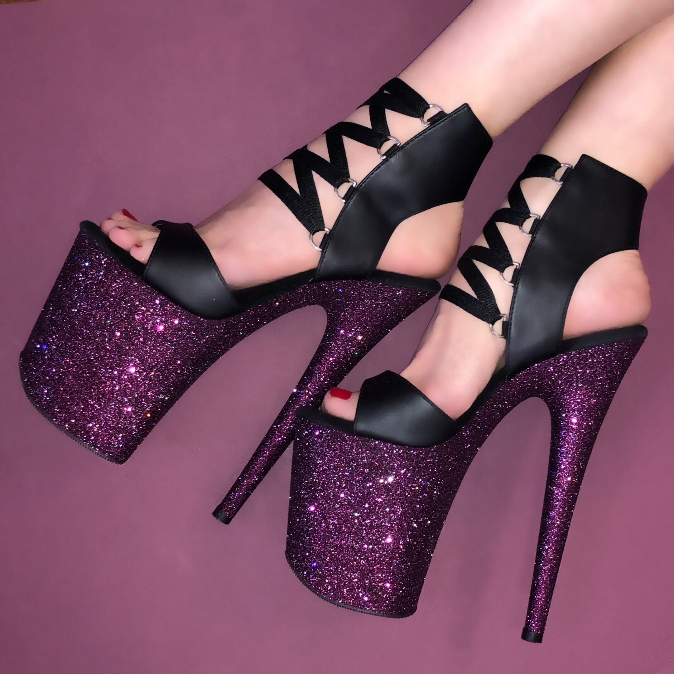 8" Bordeaux Matte Black Lace Up VEGAN Glitter Heels