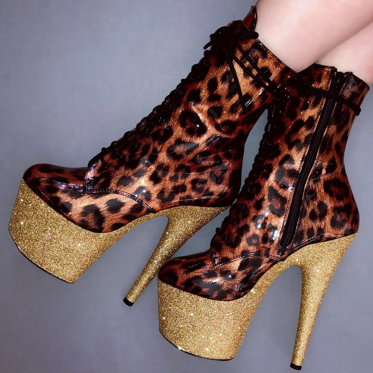 7” Gold Shimmer Patent Leopard VEGAN Ankle Boot