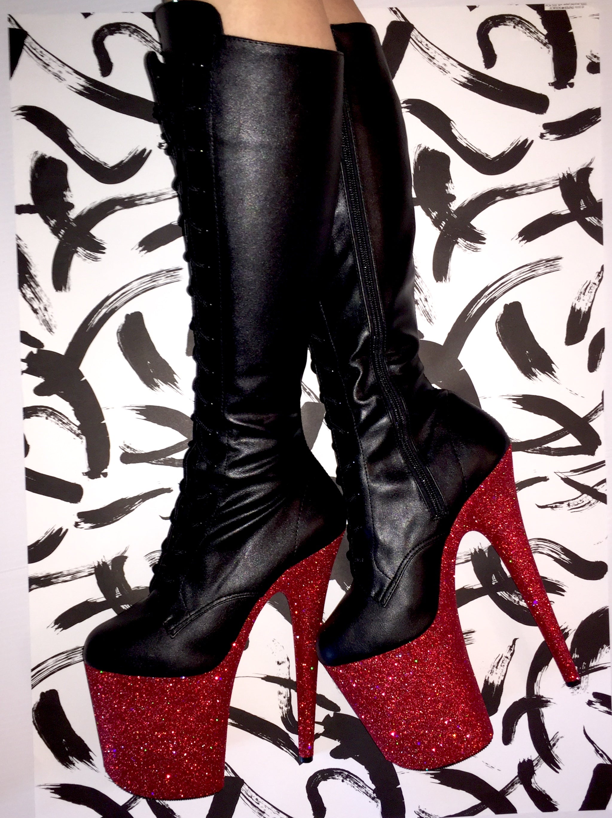 8" Fire Engine Knee High Boot Matte Black VEGAN Glitter Heels